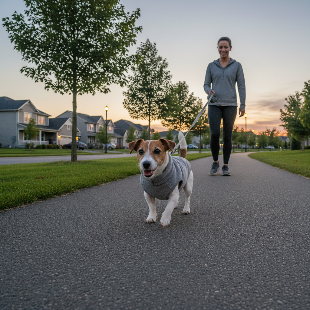 Small happy dog wearing heather grey jacket on evening suburban walk with owner
