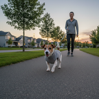 Small happy dog wearing heather grey jacket on evening suburban walk with owner