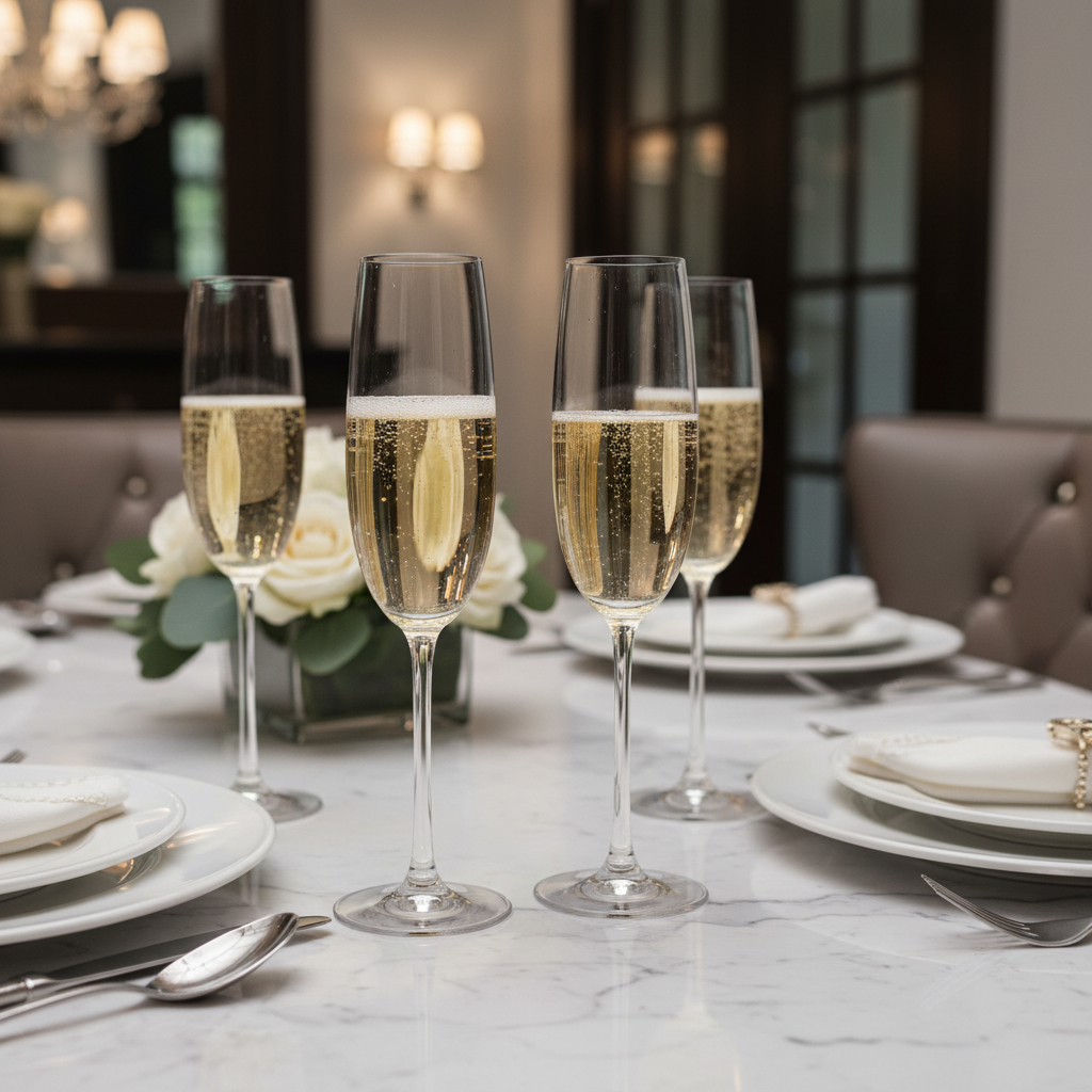 Mikasa Julie champagne flute set of 4 on elegant white marble dining table – More4less Outlet