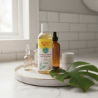 Burt's Bees Breakout Defense Foaming Wash on modern cosmetic vanity tray with glass skincare bottles and botanical leaf
