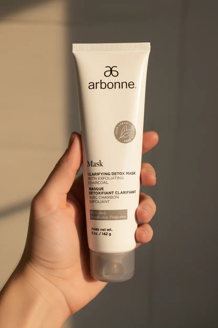 Arbonne Clarifying Detox Mask white tube in-hand close-up neutral bathroom tile background