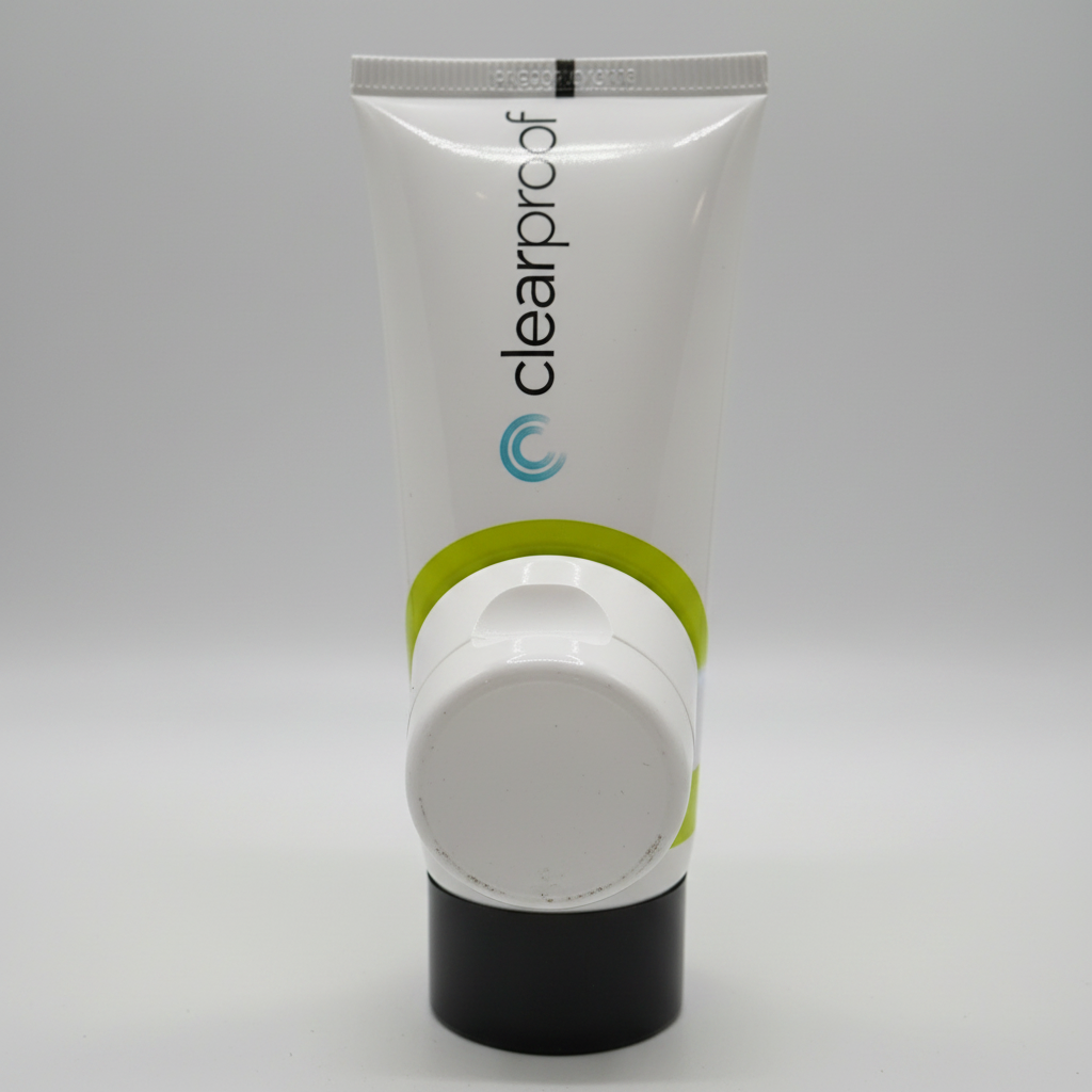 Macro shot of clean stamp-free crimped bottom of Mary Kay Clear Proof Clarifying Cleansing Gel tube