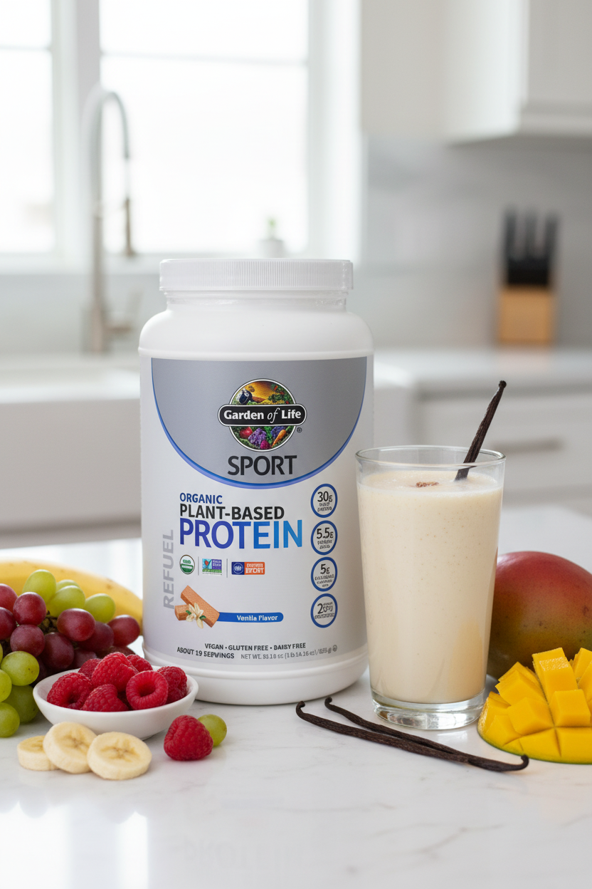 Garden of Life Sport Organic Plant Protein vanilla tub beside creamy vanilla shake with vanilla pods on marble surface