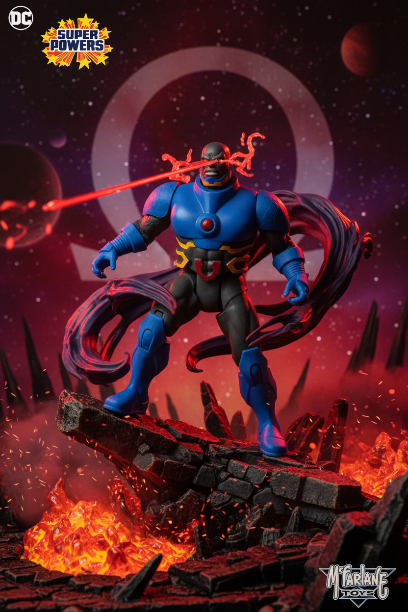 Darkseid DC Super Powers action figure posed dramatically against cosmic Apokolips background with fire and dark energy — More4less Outlet