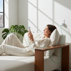 Person on couch using iPhone while charging via short colorful braided Kevlar cable — More4less Outlet