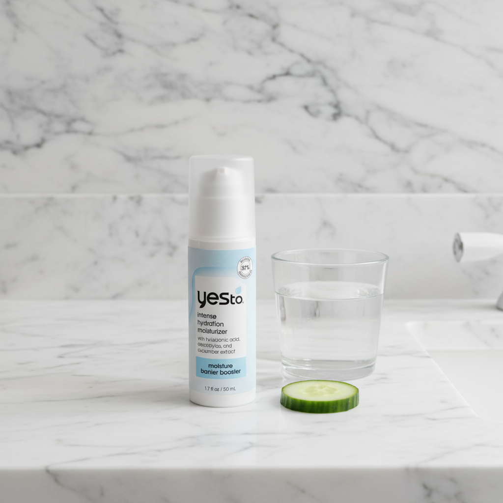 Yes To Intense Hydration Moisturizer pump bottle on marble counter with cucumber slice and glass of water.