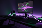 Monster Basics RGB Neon LED Light Strip glowing multicolor on gaming desk setup – sound reactive LED strip – More4less Outlet