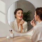 Woman bold vibrant lip color applying twist-up lip crayon mirror soft natural light minimal vanity premium makeup lifestyle playful confident beauty - More4less Outlet
