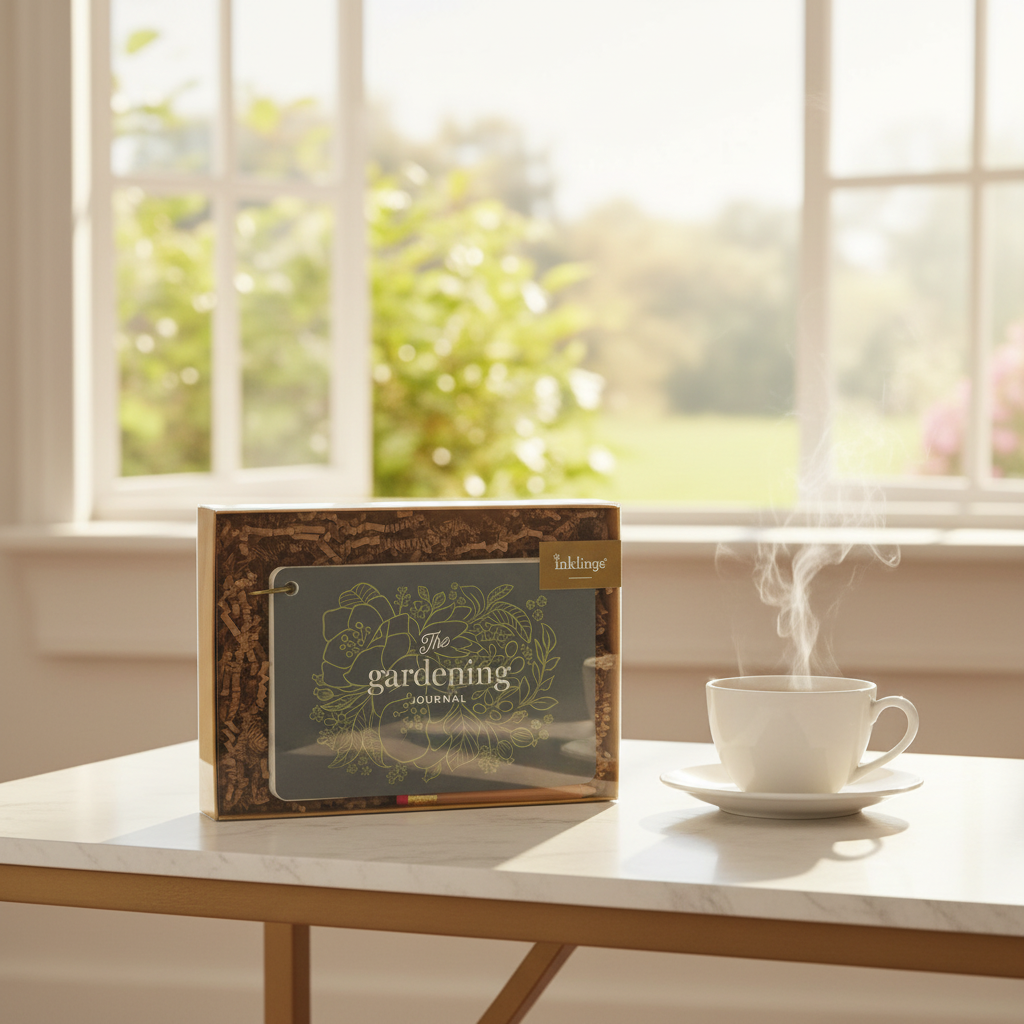 Inklings Paperie Gardening Journal gift set on modern home desk next to steaming cup of tea in front of open sunny window