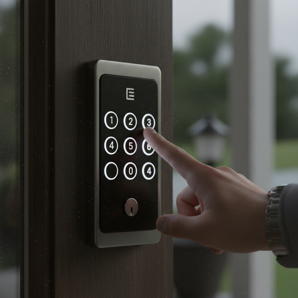 Close-up of a person's hand entering a custom PIN code on a backlit keypad electronic lock mounted on an entryway door