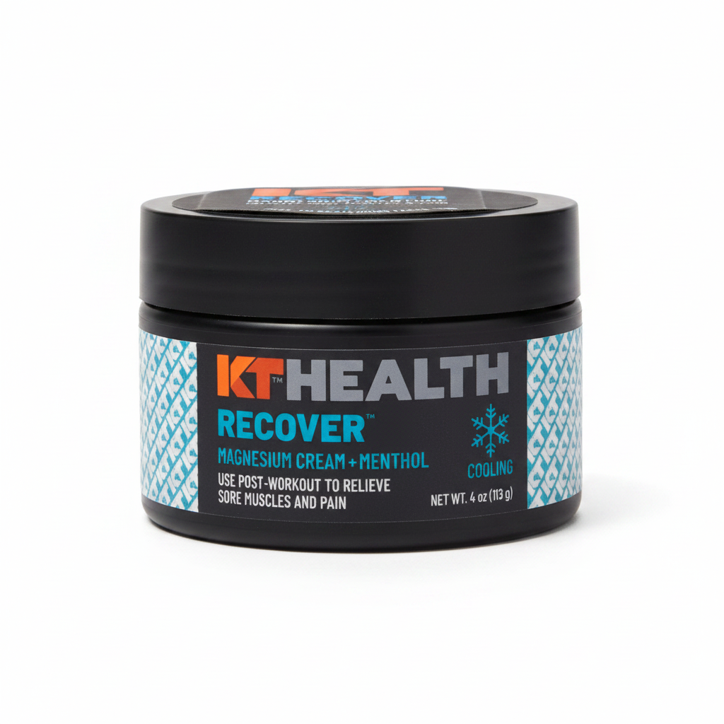 Close-up detail of KT Health Recover Magnesium Cream 4 oz dark jar with teal RECOVER branding on white background