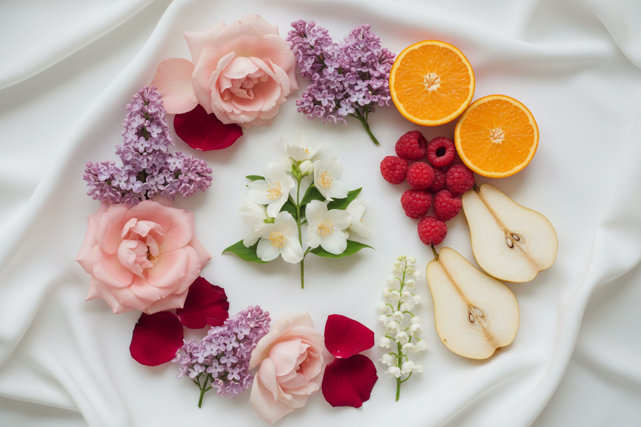 Floral and fruity fragrance ingredients including jasmine rose lilac raspberry mandarin and pear - Acapella fragrance notes