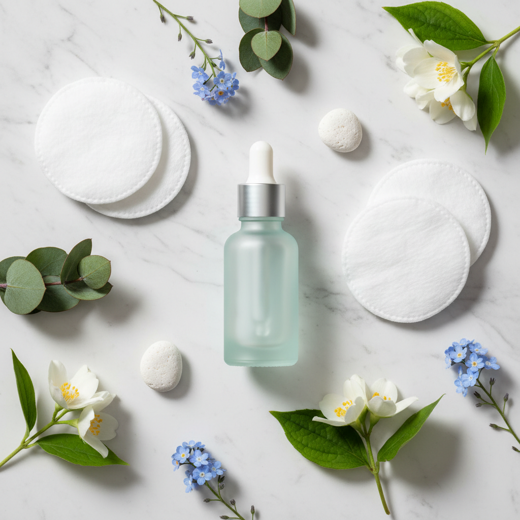 Elegant flat lay of a skincare serum bottle with cotton pads and botanicals on white marble