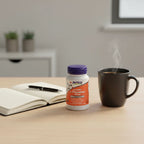 NOW Foods Chewable L-Theanine 100mg bottle on minimalist office desk with open notebook and dark ceramic coffee mug
