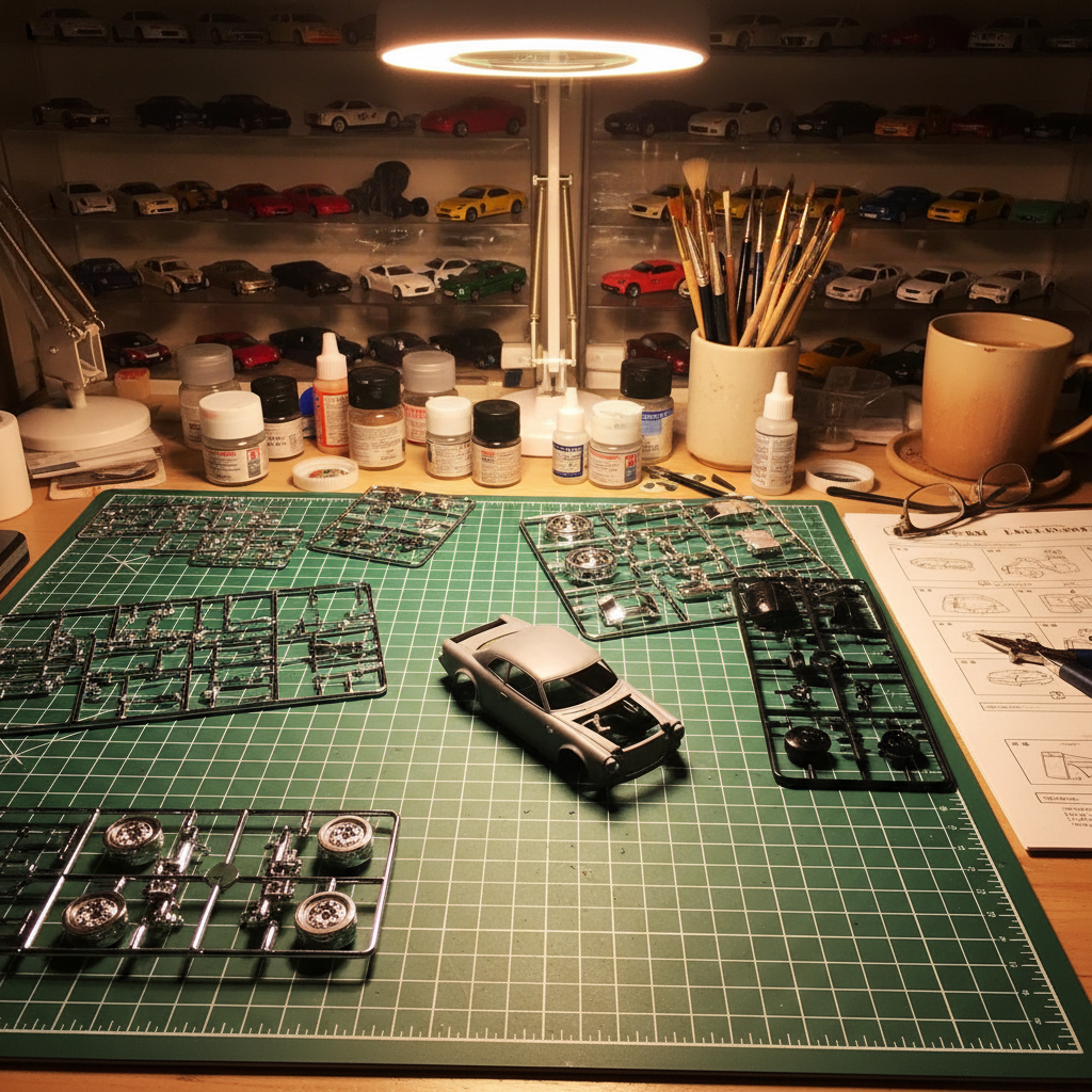 Hobby model building workspace with plastic model car kit parts laid out on mat chrome sprues black plastic pieces model glue fine brushes warm workshop lighting