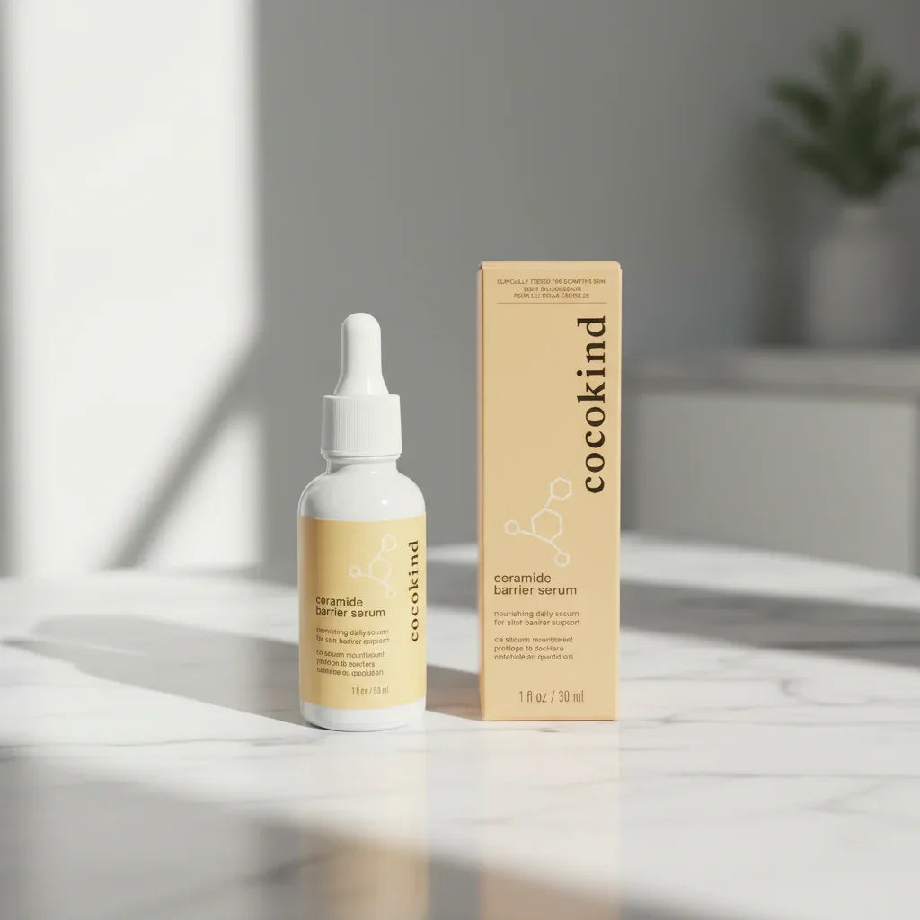 Cocokind Ceramide Barrier Serum white glass dropper bottle and gold box on white marble surface, soft natural light, clinical skincare setup