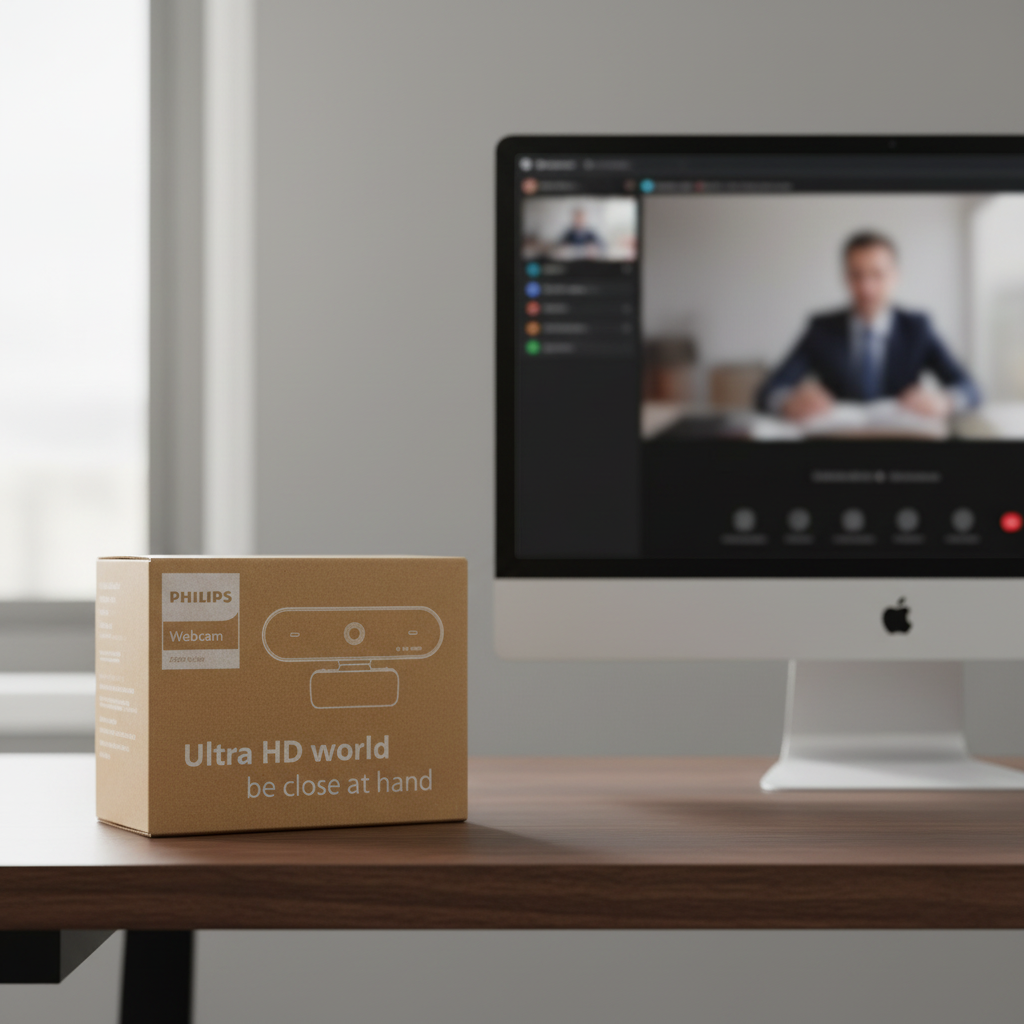 Philips 2000 Series 1080p FHD Webcam SPL6208 on modern home office desk with monitor