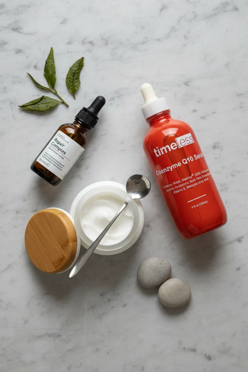 Professional flat-lay composition of premium skincare essentials including a dark amber glass serum bottle on smooth grey stone surface