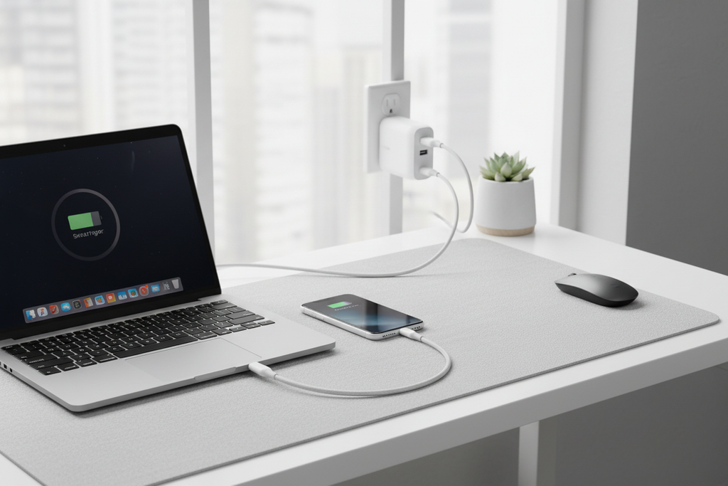 Belkin BOOST↑CHARGE 68W GaN wall charger white plugged in charging MacBook Pro and iPhone simultaneously on clean desk — More4less Outlet
