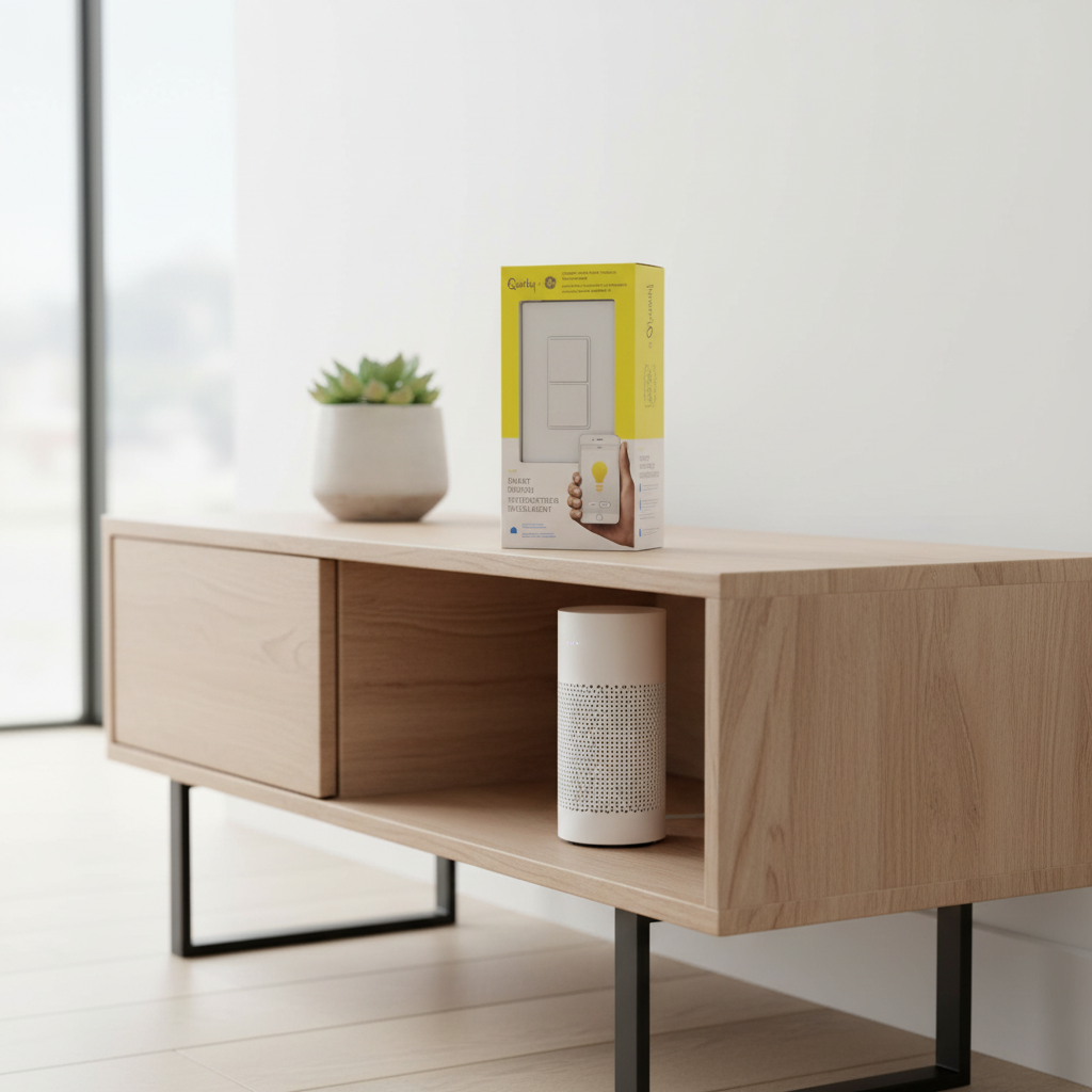Quirky + GE Tapt Smart Switch retail box on minimalist wooden media console with modern mesh Wi-Fi router and contemporary desktop planter