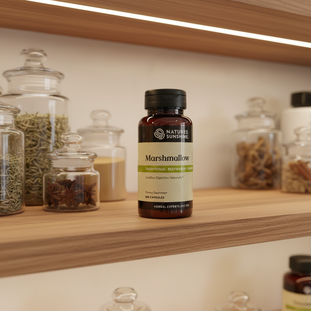 Nature's Sunshine Marshmallow Root bottle on floating wood health-pantry shelf alongside clear apothecary storage jars with ambient modern indoor lighting