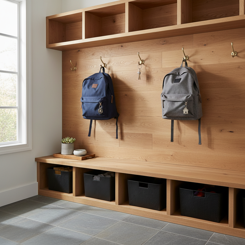 Mudroom organizer wall featuring two sleek decorative hooks neatly holding backpacks and key rings
