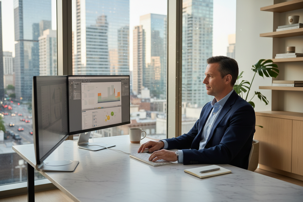 Professional man working quietly at modern office desk with Logitech MK470 Slim Wireless Combo and dual monitors – More4less Outlet
