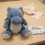 Russ Jazwares Blue Dragon Dinosaur Plush next to More4less Outlet Stuffed Friend Adoption Certificate flat lay - More4less Outlet