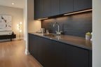 Minimalist entertainment room wet-bar with two-handle chrome faucet over prep sink and dark cabinetry
