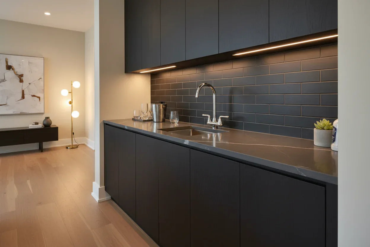 Minimalist entertainment room wet-bar with two-handle chrome faucet over prep sink and dark cabinetry