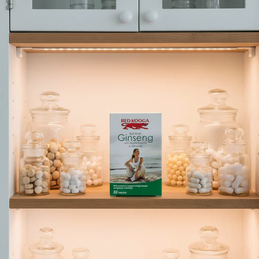 Red Kooga Korean Ginseng Multivitamin box inside organized medicine cabinet with apothecary glass jars and soft shelf lighting
