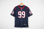 J.J. Watt Houston Texans #99 youth jersey navy blue displayed on wooden hanger white wall – More4less Outlet