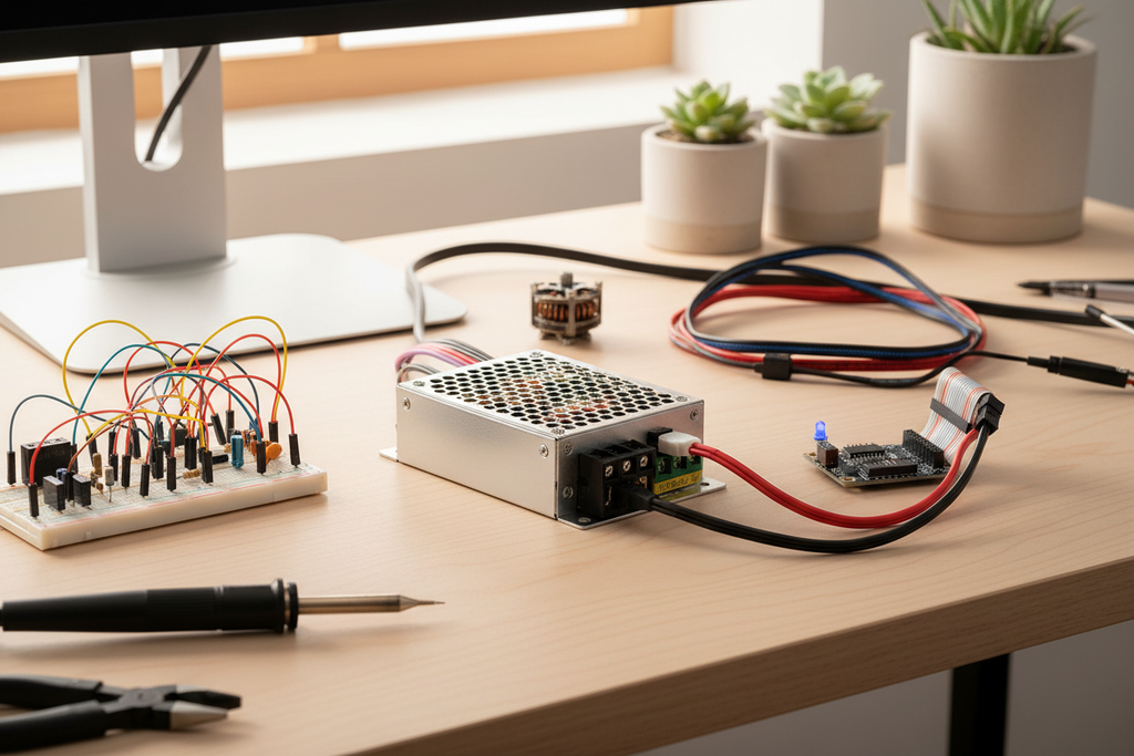 Compact switching power supply unit next to electronic components and wiring on a tidy desk