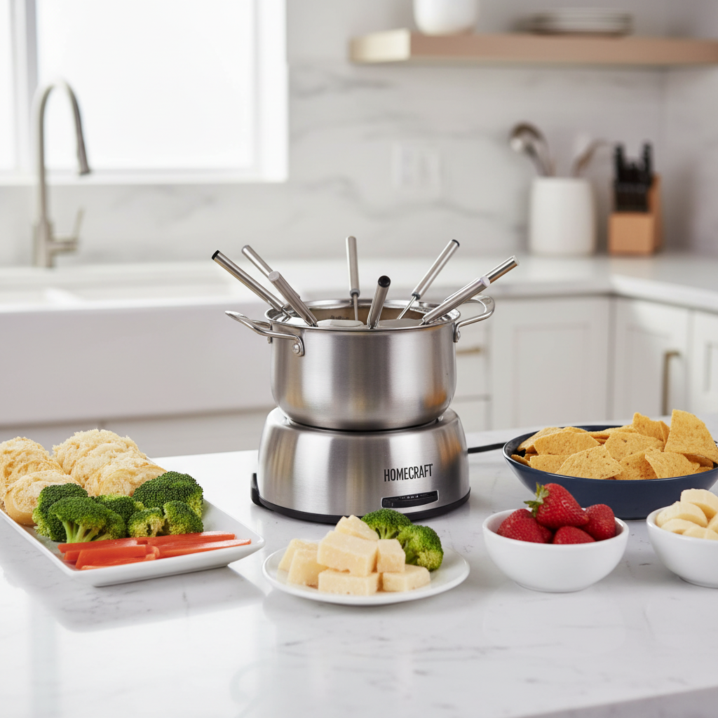 Homecraft brushed stainless steel electric fondue pot set displayed in a modern kitchen – More4less Outlet
