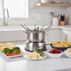 Homecraft brushed stainless steel electric fondue pot set displayed in a modern kitchen – More4less Outlet