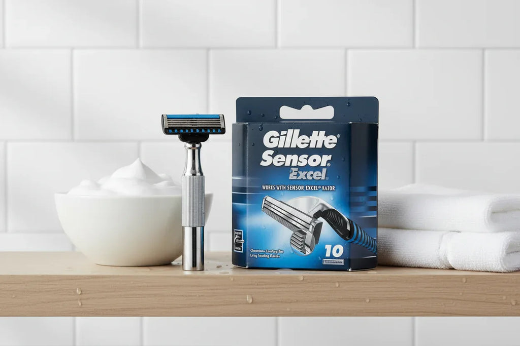 Gillette Sensor Excel 10-pack on bathroom shelf grooming setup lifestyle