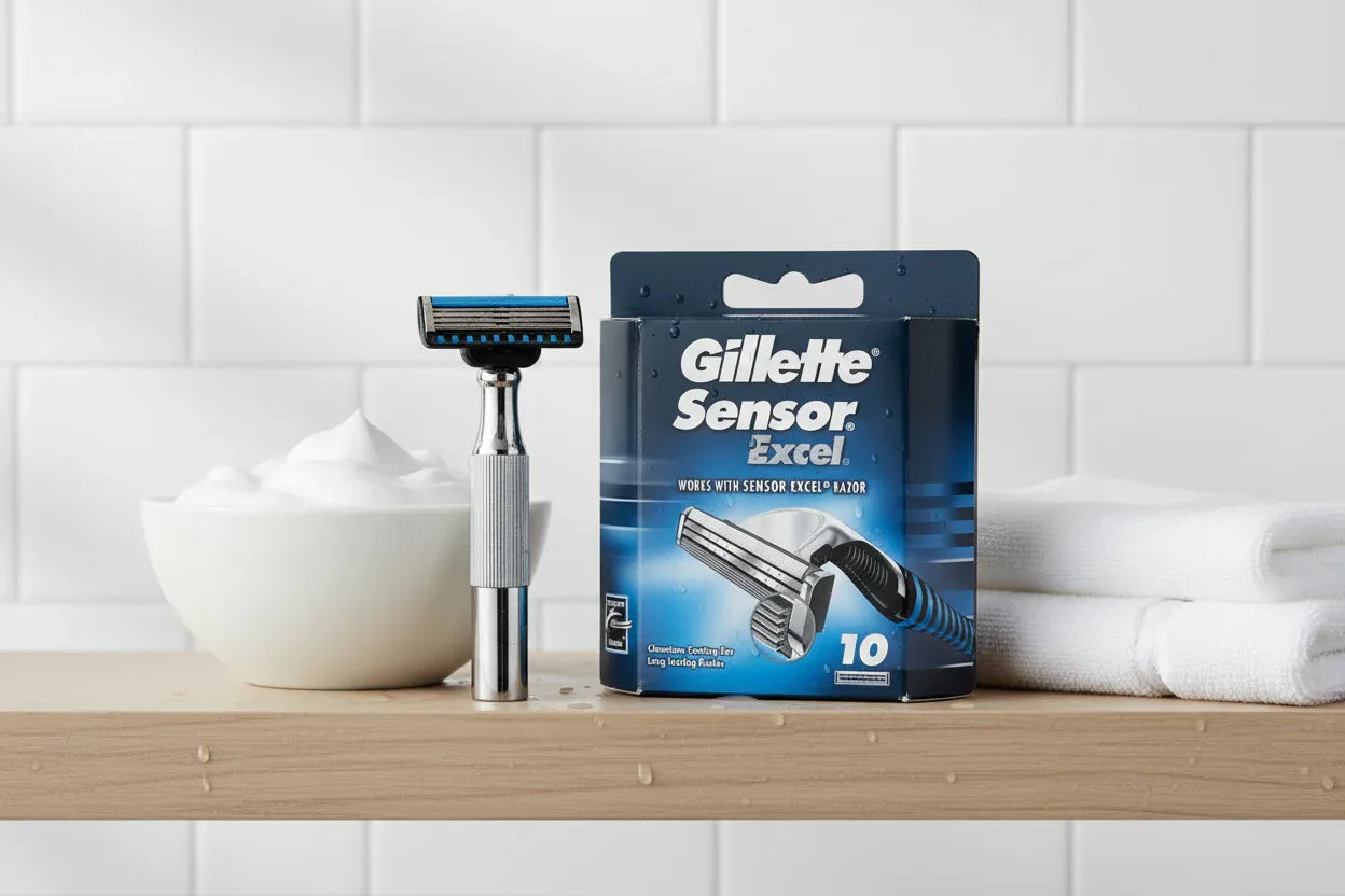 Gillette Sensor Excel 10-pack on bathroom shelf grooming setup lifestyle