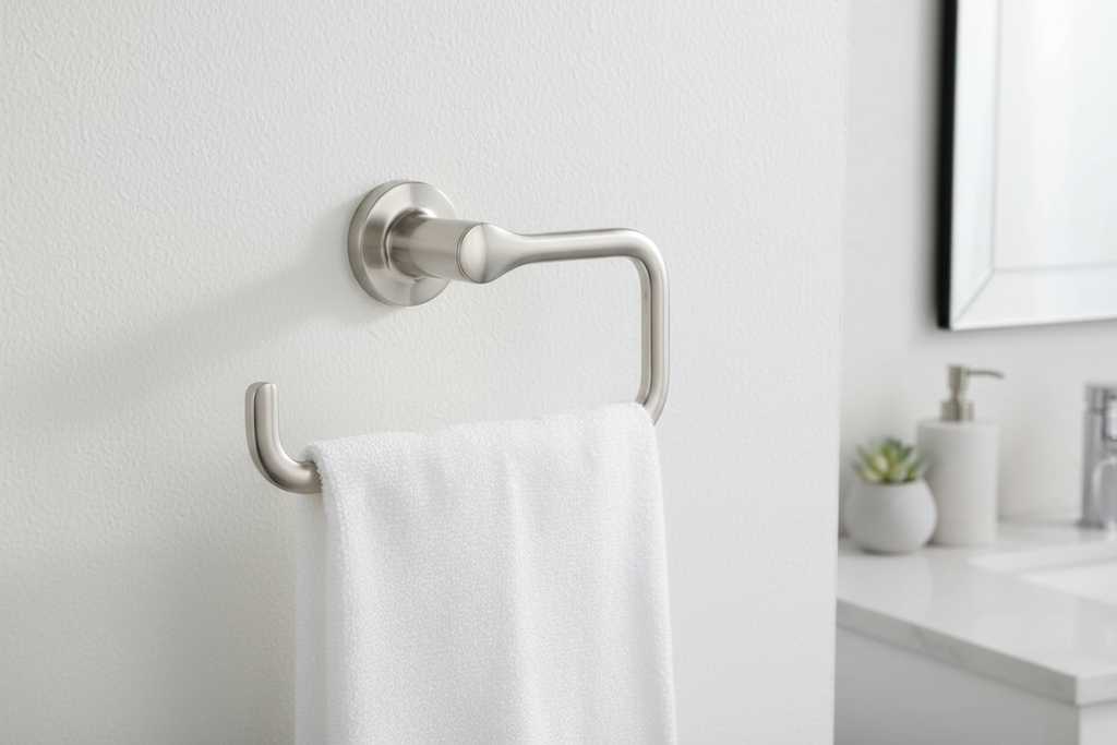 Brushed nickel towel ring mounted on a white textured wall in a minimalist modern bathroom