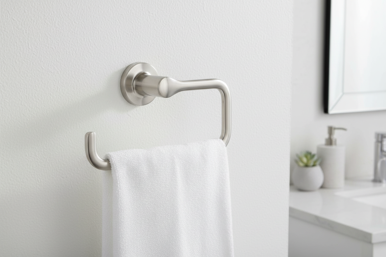 Brushed nickel towel ring mounted on a white textured wall in a minimalist modern bathroom