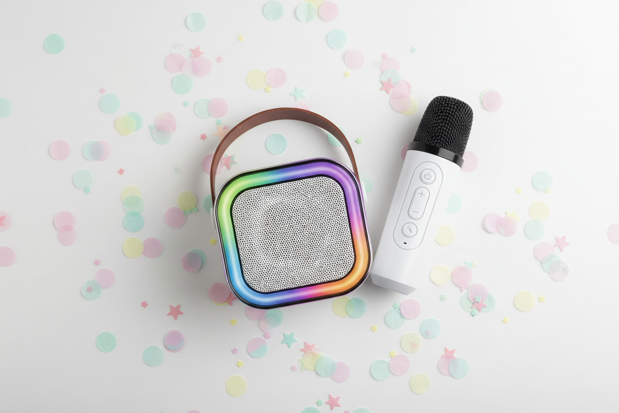 Flat lay of Bytech Mini Karaoke Speaker and wireless microphone on white surface with colorful confetti accents