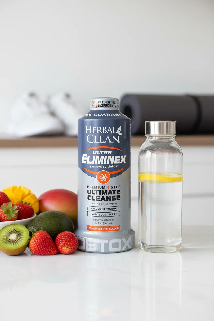Organized fitness and health setup featuring a large liquid supplement bottle beside a water bottle and fresh fruit on a clean white surface