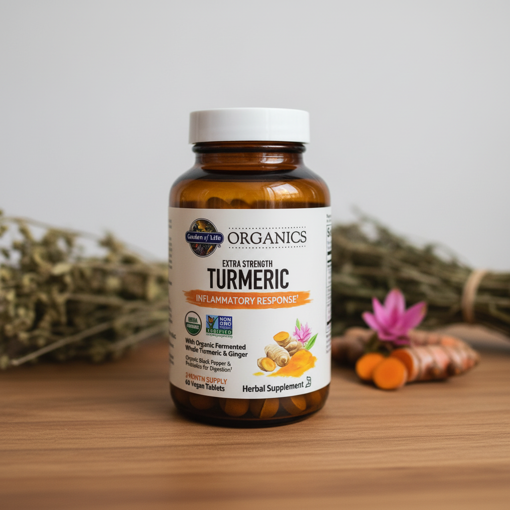 Garden of Life mykind Organics Extra Strength Turmeric bottle on a natural wood surface with turmeric styling