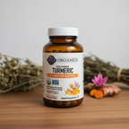 Garden of Life mykind Organics Extra Strength Turmeric bottle on a natural wood surface with turmeric styling
