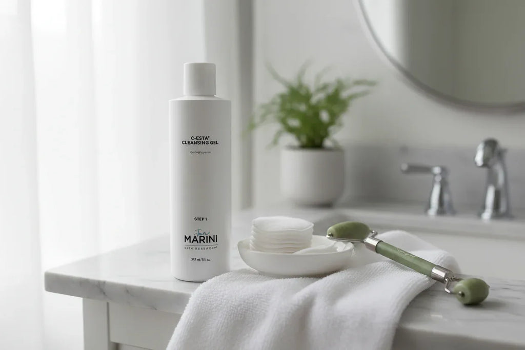 Jan Marini C-ESTA Cleansing Gel on marble vanity with cotton rounds and jade roller lifestyle