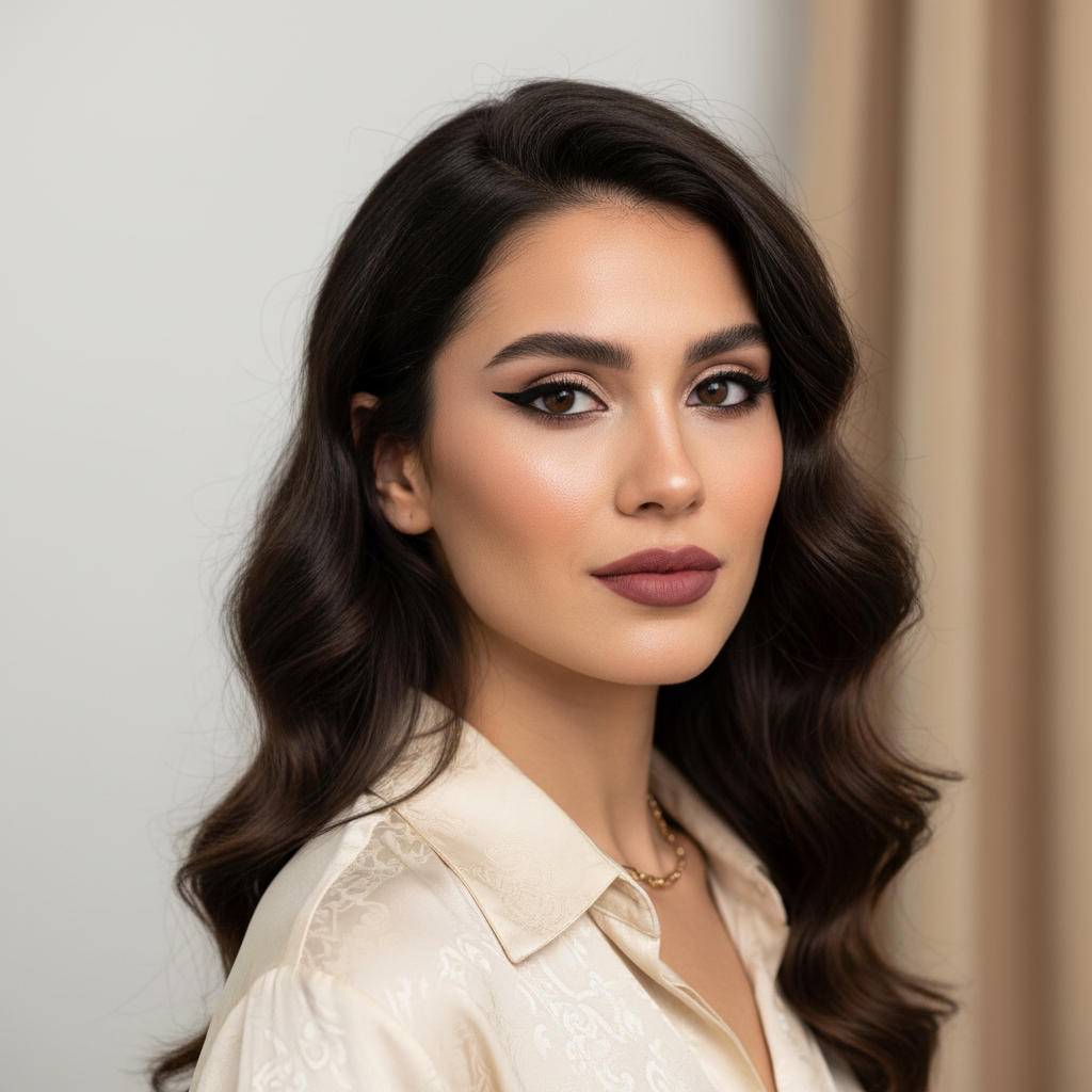 Stylish woman with bold dramatic winged eyeliner looking confident in soft studio lighting