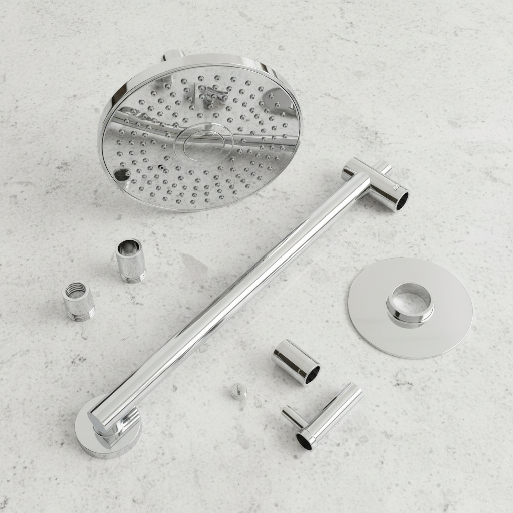 Flat lay of chrome shower arm, escutcheon plate, and shower head on light granite countertop