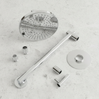 Flat lay of chrome shower arm, escutcheon plate, and shower head on light granite countertop
