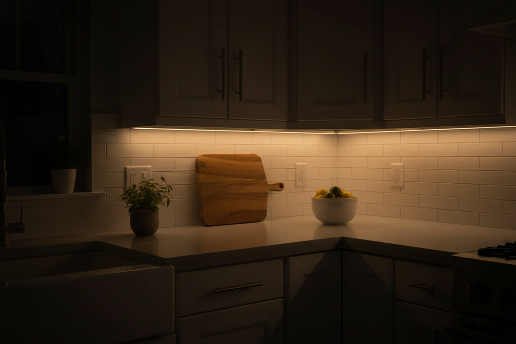 Better Homes and Gardens LED flex light warm white installed under kitchen cabinets casting warm glow on grey countertop