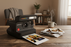 Polaroid Flip instant camera black on wooden table with stack of developed instant photos — retro photography lifestyle — More4less Outlet