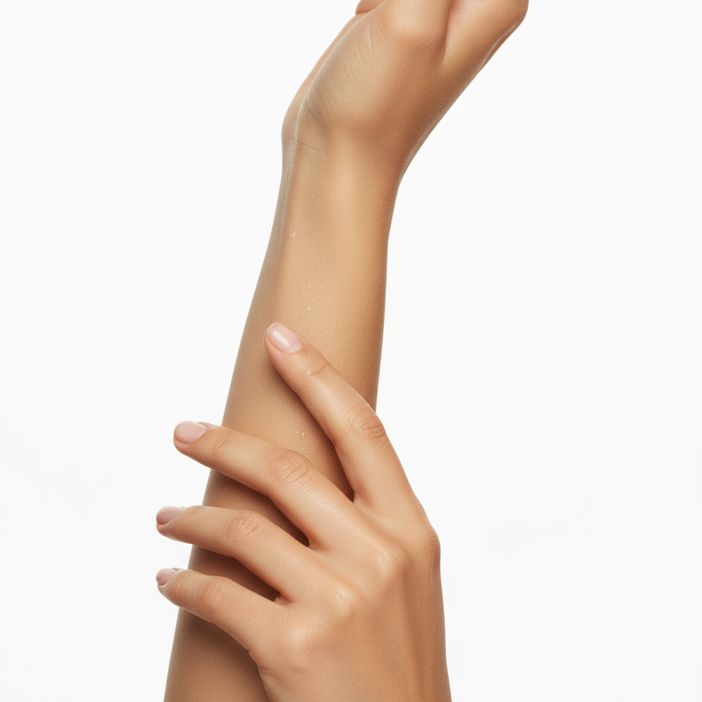 Close-up of smooth, glowing, well-moisturized skin on a woman's forearm and hand